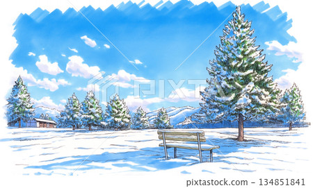 一幅描繪靜謐冬日自然與輕柔飄落雪花的細膩插畫 | 一個銀白的世界，手繪風景 134851841