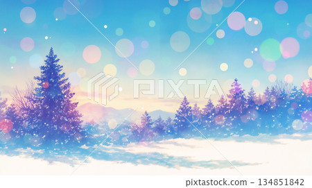 一幅描繪靜謐冬日自然與輕柔飄落雪花的細膩插畫 | 一個銀白的世界，手繪風景 134851842