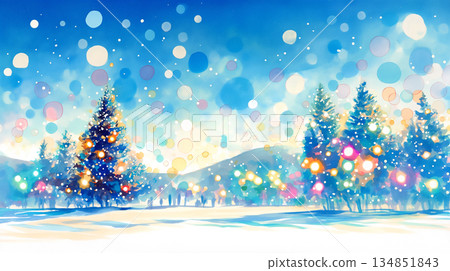 一幅描繪靜謐冬日自然與輕柔飄落雪花的細膩插畫 | 一個銀白的世界，手繪風景 134851843