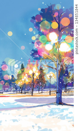 一幅描繪靜謐冬日自然與輕柔飄落雪花的細膩插畫 | 一個銀白的世界，手繪風景 134851844