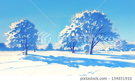一幅寧靜的風景插畫，描繪了冬日清晨白雪皚皚、空氣清新的自然景象 | 季節性的風、雪的紋理、靜謐的空間-插圖素材 [134851910 ...
