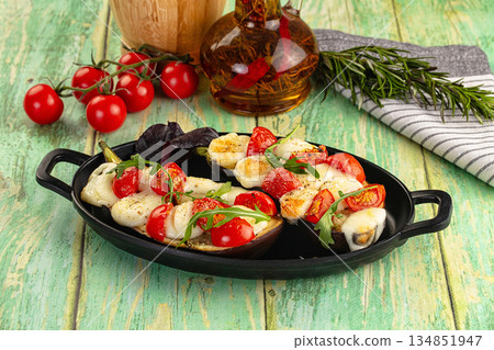 Baked eggplant with cherry and mozzarella Baked eggplant with cherry and mozzarella 134851947