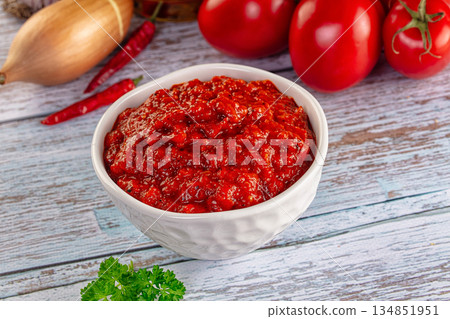 Bulgarian traditional lutenica pepper sauce Bulgarian traditional lutenica pepper sauce 134851951