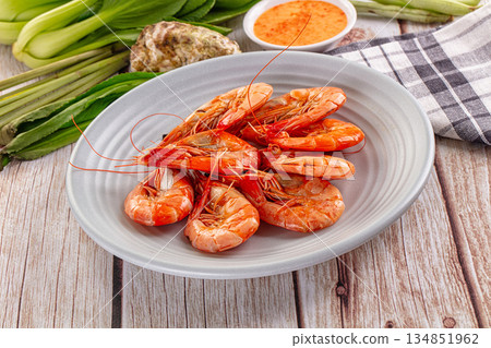 Delicous boiled tiger prawn with sauce Delicous boiled tiger prawn with sauce 134851962