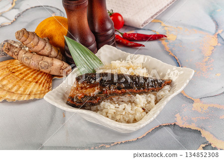Smoked eel in unagi and steamed rice Smoked eel in unagi and steamed rice 134852308