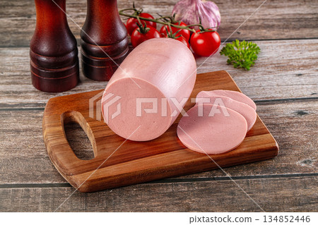 Boiled sausage with slices for breakfast 134852446