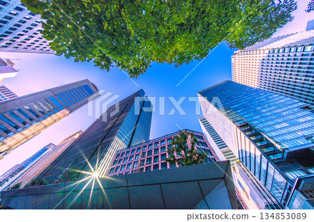 A rare sight in the Tokyo cityscape of Japan. Miraculous reflected light... End of the year. Blue skies over Otemachi. Clear winter skies... A ray of hope = December 28, 2025 134853089