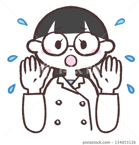 Illustration of a woman in a white coat sweating in distress Illustration of a woman in a white coat sweating in distress 134853116