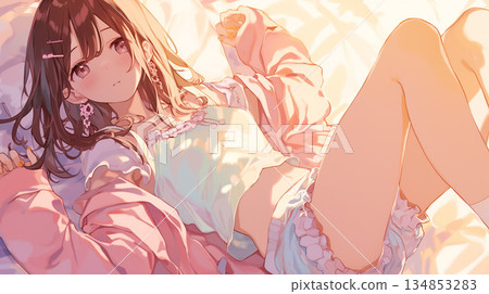 A woman relaxing in bed surrounded by morning light - A gentle anime illustration 134853283
