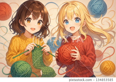 兩個女孩正在享受編織的樂趣——一幅描繪溫馨日常生活的動漫插畫，毛線環繞著她們。 134853585