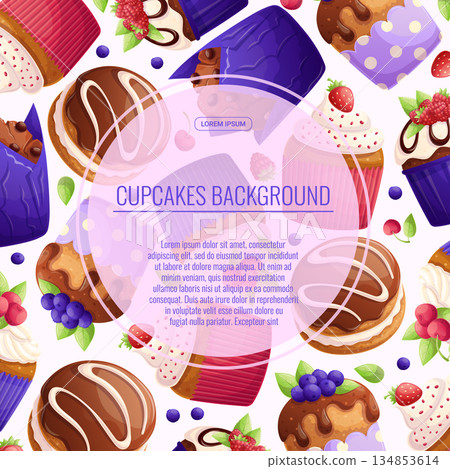 Colorful background with delicious cupcakes and muffins. The concept of confectionery, baking, cooking. Vector illustration for the design of posters, flyers, postcards and invitations 134853614
