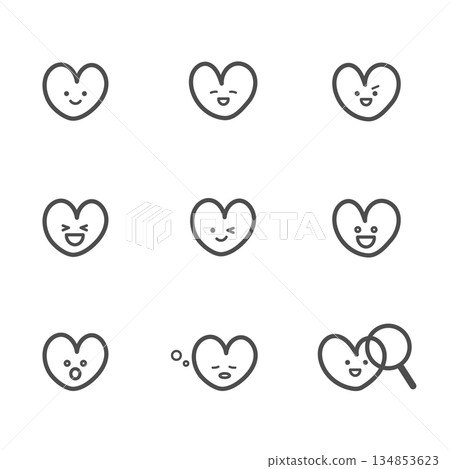 正面臉部表情心形圖示集（線條） 134853623