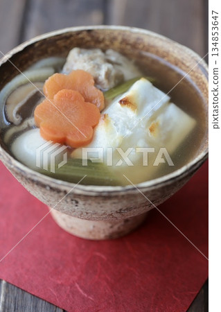 Japanese New Year's dish: Ozoni with grilled square rice cakes Japanese New Year's dish: Ozoni with grilled square rice cakes 134853647