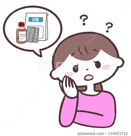 一幅描繪一位對藥物治療心存疑慮的女性的插圖 134853732