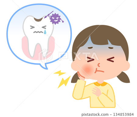 Elementary school girl suffering from tooth decay 134853984