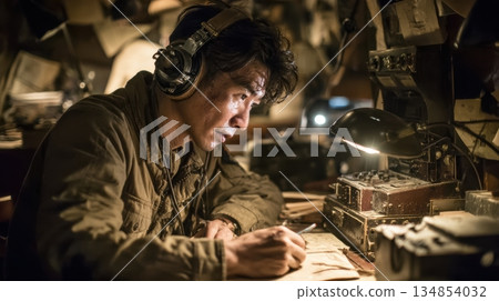 一名男性信號兵在黑暗的房間裡截獲無線電訊號 134854032