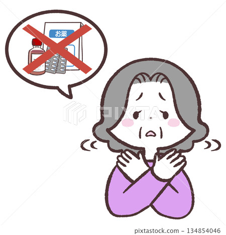 Illustration of a senior woman refusing medicine 134854046