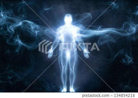 A translucent full-body human figure surrounded by a band of light 134854218