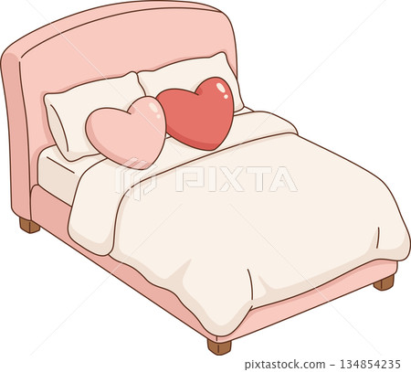 Cozy Pink Bed with Heart Shaped Pillows Illustration for Valentine's Day and Romance 134854235