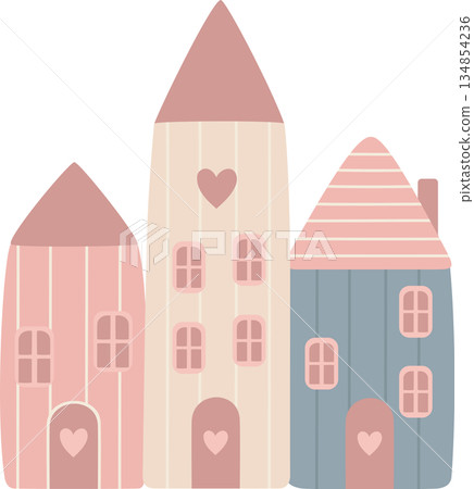 Cute Pastel Neighborhood Houses with Hearts Illustration for Valentine's Day Cute Pastel Neighborhood Houses with Hearts Illustration for Valentine's Day 134854236