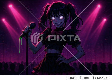 Dark anime idol with glowing eyes holding slime covered microphone stage 134854264