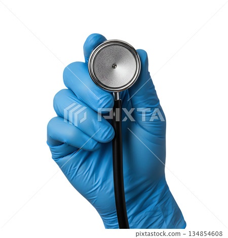 Hand in blue medical exam glove holding stethoscope. Represents professional healthcare, diagnosis, medical services 134854608