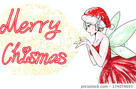 Hand-drawn illustration of a fairy wearing a Christmas costume Hand-drawn illustration of a fairy wearing a Christmas costume 134854693