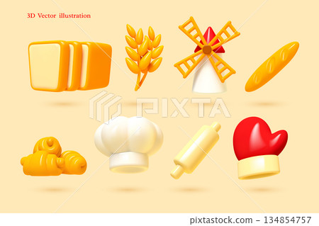 3D vector illustration of bakery icons bread, wheat, and chef hat. Smooth clay style for culinary menus and food apps. Professional kitchen graphics. 134854757