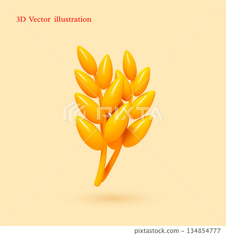 3D vector illustration of wheat grain in smooth glossy style. Perfect for bakery branding, organic food apps, and harvest designs. Professional agricultural graphic. 134854777