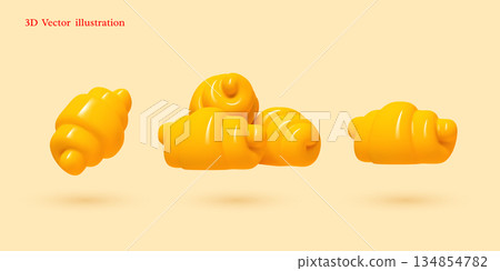 3D vector illustration of croissants in smooth glossy style. For bakery menus and food apps. Minimalist professional graphics. 134854782