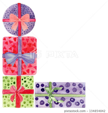 Colorful gift boxes with ribbons, bows corner frame. Hand-painted watercolor illustration isolated on white. Perfect for Christmas, birthday, or celebration design, greeting cards, packaging projects. Colorful gift boxes with ribbons, bows corner frame. Hand-painted watercolor illustration isolated on white. Perfect for Christmas, birthday, or celebration design, greeting cards, packaging projects. 134854842