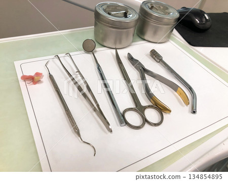 Detailed Set of Stainless Steel Dental Instruments Laid Out on Clinic Tray for Examination, Extraction and Prosthetic Work 134854895