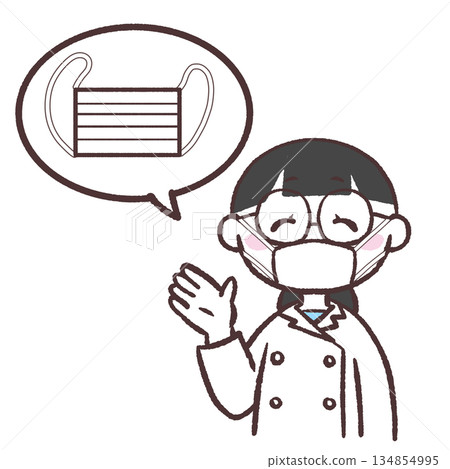 Illustration of a woman in a white coat asking to wear a mask Illustration of a woman in a white coat asking to wear a mask 134854995