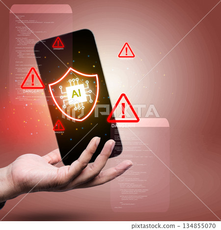 Human hand holding a cellphone with an AI-powered security shield, surrounded by warning signs. Represents digital security, artificial intelligence, and potential threats in the digital world Human hand holding a cellphone with an AI-powered security shield, surrounded by warning signs. Represents digital security, artificial intelligence, and potential threats in the digital world 134855070
