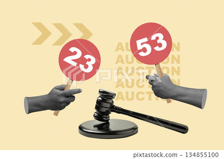 Auction scene, featuring bidding paddles with numbers, a judge's gavel, and hands, all set against a stylized background. Collage art. Concept of auction Auction scene, featuring bidding paddles with numbers, a judge's gavel, and hands, all set against a stylized background. Collage art. Concept of auction 134855100