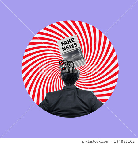 Person with their head open, filled with chaotic thoughts symbolized by scribbled lines, topped with a newspaper with the headline "Fake News". Collage art. Concept of fake news 134855102