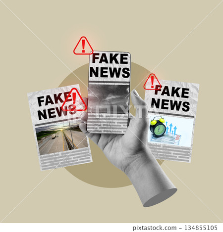 Grayscale hand holding a phone displaying fake news, surrounded by newspaper clippings with the same headline, and warning signs. Collage art. Concept of fake news 134855105
