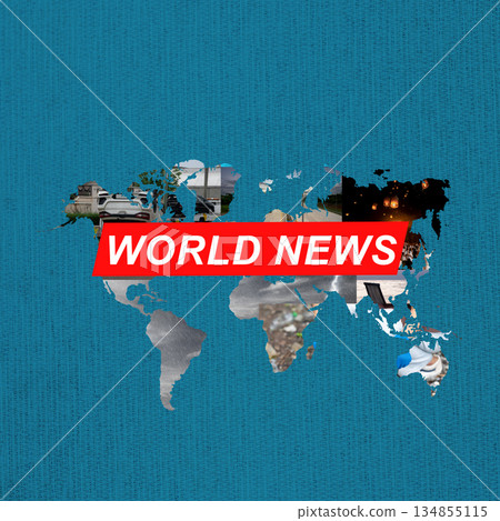 World map filled with images representing different news events, with a bold red banner across it displaying "World News" on a blue background. Journalism, podcasting, and international communication World map filled with images representing different news events, with a bold red banner across it displaying "World News" on a blue background. Journalism, podcasting, and international communication 134855115