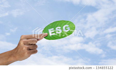 Closeup of a hand holding a green leaf with the letters ESG, against a bright blue sky. Concept of environmental, social, and governance Closeup of a hand holding a green leaf with the letters ESG, against a bright blue sky. Concept of environmental, social, and governance 134855122