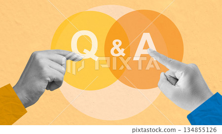 Question and answer concept. Two hands, one pointing at a circle with "Q" and the other at a circle with "A". The circles are overlapping and colored in shades of yellow and orange. Collage art 134855126