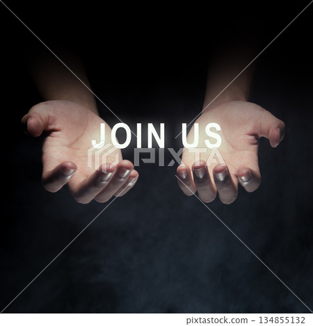 Two human hands facing up, offering an invitation to join, cooperate, and form a partnership, representing generosity and opportunity Two human hands facing up, offering an invitation to join, cooperate, and form a partnership, representing generosity and opportunity 134855132