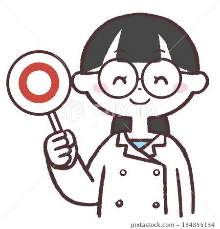 Illustration of a woman in a white coat holding a circle Illustration of a woman in a white coat holding a circle 134855134