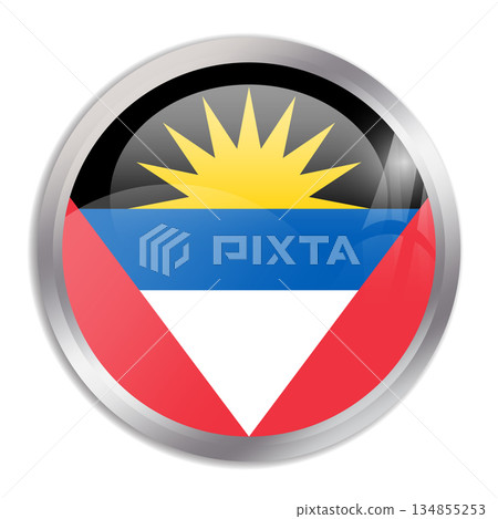 Antigua and Barbuda flag - glossy circle button in metal frame displays a colorful flag of a country cultural identity and heritage. The essence of national pride and unity. 134855253