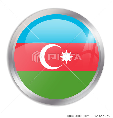 Azerbaijan flag - glossy circle button in metal frame displays a colorful flag of a country cultural identity and heritage. The essence of national pride and unity. 134855260