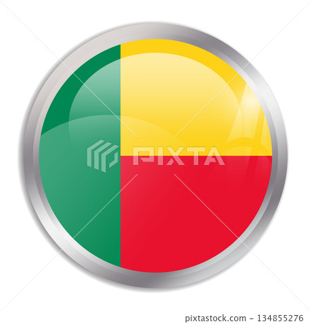 Benin flag - glossy circle button in metal frame displays a colorful flag of a country cultural identity and heritage. The essence of national pride and unity. Benin flag - glossy circle button in metal frame displays a colorful flag of a country cultural identity and heritage. The essence of national pride and unity. 134855276