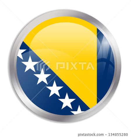 Bosnia and Herzegovina flag - glossy circle button in metal frame displays a colorful flag of a country cultural identity and heritage. The essence of national pride and unity. 134855280