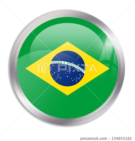 Brazil flag - glossy circle button in metal frame displays a colorful flag of a country cultural identity and heritage. The essence of national pride and unity. 134855282