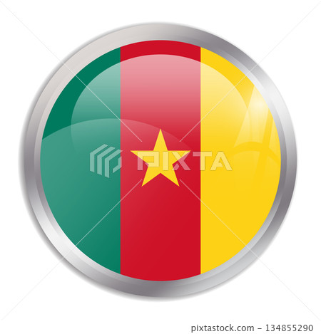 Cameroon flag - glossy circle button in metal frame displays a colorful flag of a country cultural identity and heritage. The essence of national pride and unity. 134855290