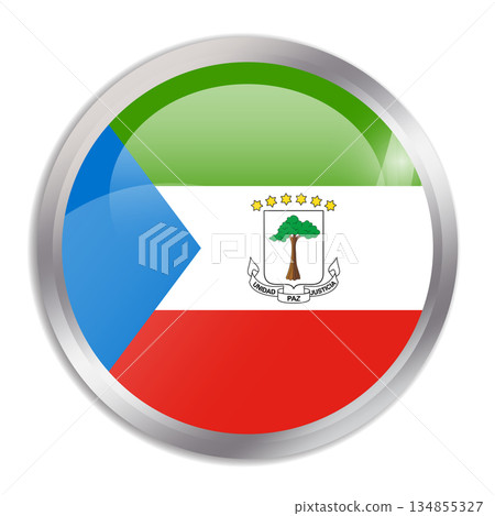 Equatorial Guinea flag - glossy circle button in metal frame displays a colorful flag of a country cultural identity and heritage. The essence of national pride and unity. 134855327
