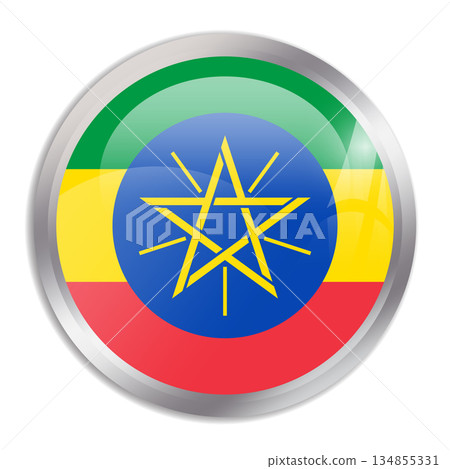 Ethiopia flag - glossy circle button in metal frame displays a colorful flag of a country cultural identity and heritage. The essence of national pride and unity. Ethiopia flag - glossy circle button in metal frame displays a colorful flag of a country cultural identity and heritage. The essence of national pride and unity. 134855331